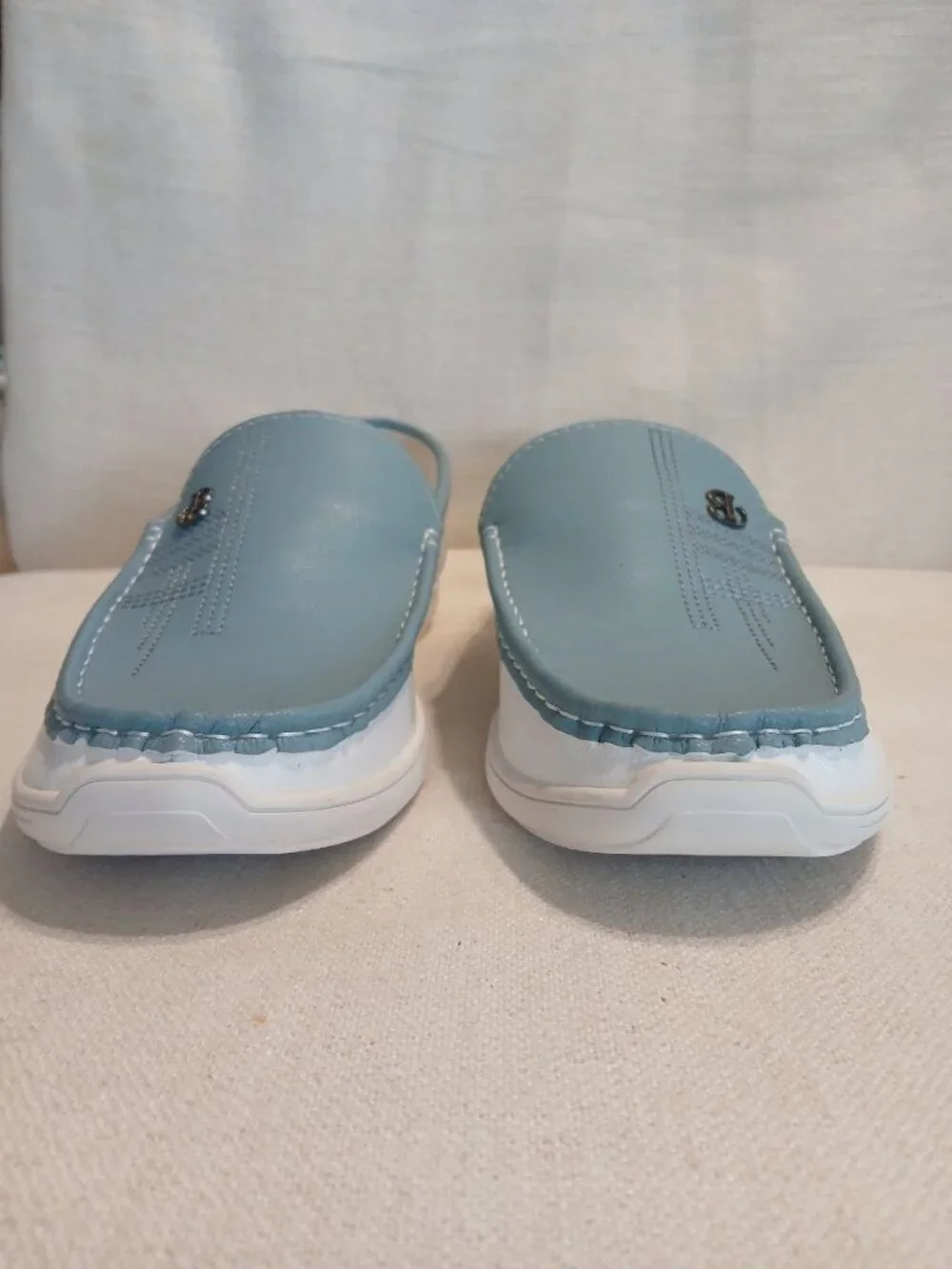 Huixiangdiepin Men’s Genuine Leather White & Light Blue Loafers Size 46
